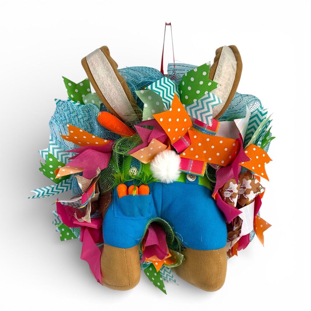 Easter Bunny Bottom Wreath Plush Spring Door Decor Carrots Mesh 16in